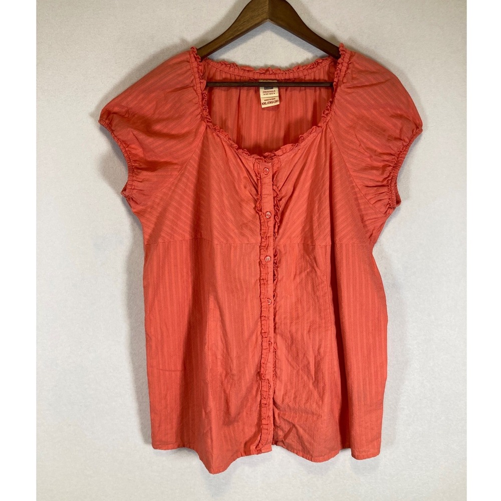 Boho Cottagecore Faded Glory Womens XXL Coral Ruffle Button Front Cotton Blouse